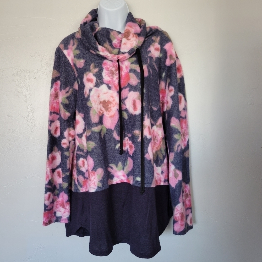 Navy Blue Pink Floral Cowl Neck Tunic Sweater Drawstring Soft Cozy Pullover